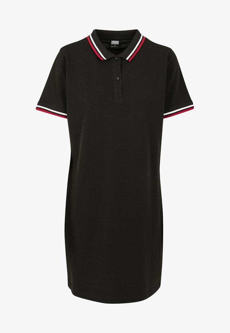 Robe polo noire à manches courtes, avec des accents rayés rouges et blancs au col et aux extrémités des manches. Coupe régulière, texture en maille plate.