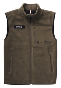 Olivengrøn ærmeløs fleecevest med høj krave, med to lynlåslommer foran, label "HALO" på venstre bryst og trykt "B-538".