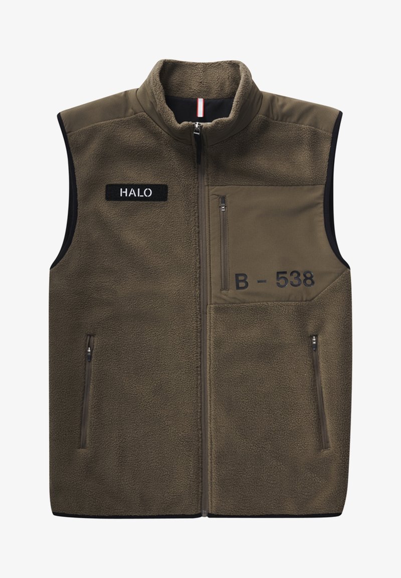 Olivengrøn ærmeløs fleecevest med høj krave, med to lynlåslommer foran, label "HALO" på venstre bryst og trykt "B-538".