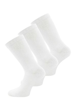 Three pairs of white cotton socks. Mid-calf length with a smooth texture, featuring reinforced heels and toes. No patterns or accents.
