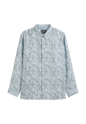 Camicia azzurro chiaro con stampa floreale in blu scuro. Presenta maniche lunghe e colletto a punta. Realizzata in tessuto morbido e leggero.