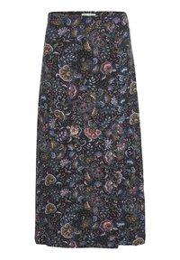 Gonna nera di media lunghezza con un motivo paisley floreale multicolore nei toni del rosa, blu e oro.