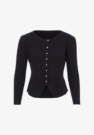 Cardigan negru cu nervuri, cu mâneci lungi, având un guler rotund și o serie de nasturi aurii pe față. Design cu hem ușor curbat.