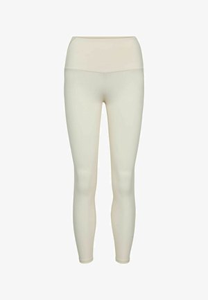 Hellbeige, hoch taillierte Leggings in voller Länge aus glattem Stoff mit flachen Nähten, gezeigt vor weißem Hintergrund.