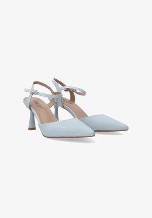 Light blue patent leather slingback high heels with pointed toes and a subtle ankle strap. Features a slender, contrasting heel.