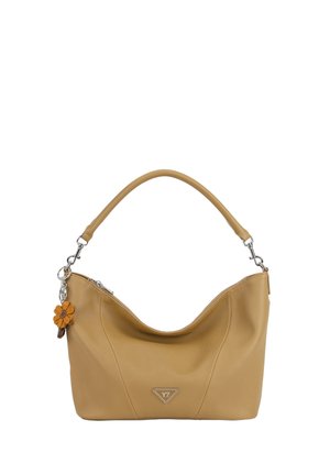 Borsa a tracolla in pelle marrone chiaro con un solo manico, cerniera argentata, piccolo portachiavi a forma di fiore e logo triangolare sulla parte anteriore.