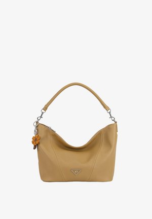 Borsa a tracolla in pelle marrone chiaro con un solo manico, cerniera argentata, piccolo portachiavi a forma di fiore e logo triangolare sulla parte anteriore.