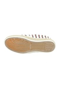 Footwear with a textured beige rubber sole, featuring red and black striped canvas upper and a white leather edging.
