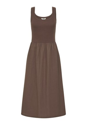 Robe midi marron sans manches avec un corsage côtelé ajusté, un col rond et une taille froncée qui s'ouvre sur une jupe unie.