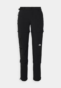 Svarta zip-off utomhusbyxor gjorda av ett lättviktigt material, med en cargoficka, justerbara muddar och en liten logotyp på vänster ben.