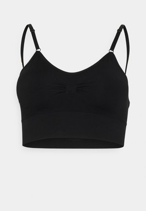 Crni sportski bralette s podešavajućim trakama, mekanim materijalom, izrezom u obliku žlice, detaljem naboranja na prednjoj strani i širokom elastičnom trakom ispod grudi.