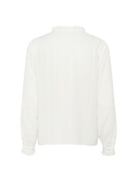 Bjela duga rukava bluza s teksturiranim uzorkom, volanastim ovratnikom i nabranim manžetama, izrađena od lagane tkanine. Jednostavan i elegantan dizajn.