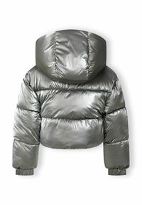 Metallisch graue, kurz geschnittene Daunenjacke mit Kapuze, die eine glänzende, glatte Textur aufweist und durch gestickte Abschnitte ein gepolstertes Aussehen erzeugt.