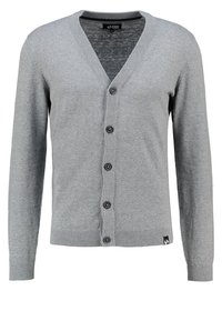 Šedý cardigan s dlouhým rukávem z měkké pleteniny; má véčkový výstřih, zapínání na knoflíky a žebrované manžety a lem.