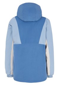 Giacca blu con cappuccio, design a blocchi di colore nelle tonalità di blu e bianco, polsini elasticizzati e tessuto in materiale liscio.