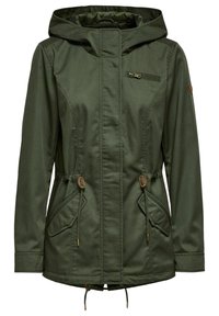 Veste vert olive avec taille à cordon, poche poitrine zippée, deux poches latérales et capuche. Fabriquée en tissu texturé.