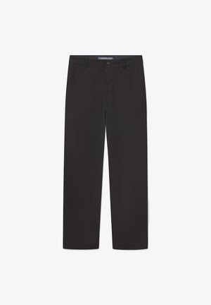 Pantalon noir en tissu lisse, avec une coupe droite, une taille avec un bouton de fermeture, et sans motifs ni accents visibles.