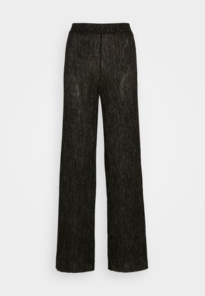 Black wide-leg trousers with a textured, shimmering surface and an elastic waistband. Straight design accentuates length and movement.
