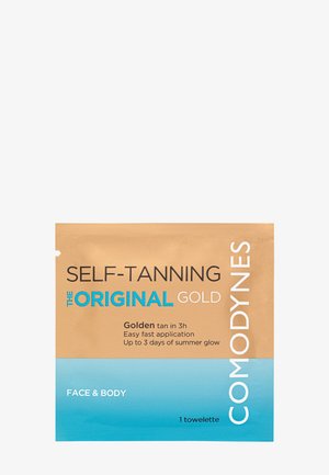 Selvbruner-servietpakke i guld og blå. Indeholder produktinformation i sort og hvid tekst. Kompakt rektangulær form. 1 serviet indeni.