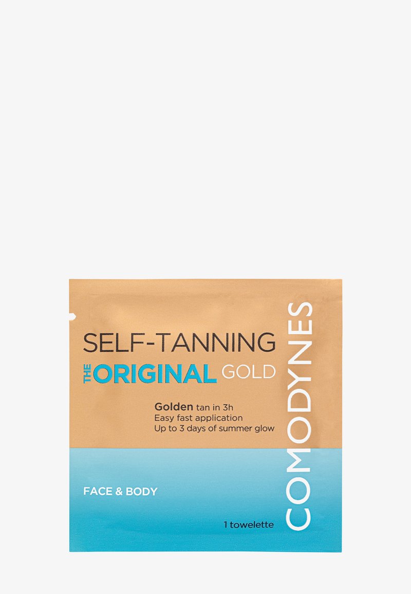 Selbstbräunungstuch-Paket in Gold und Blau. Enthält Produktdetails in schwarzem und weißem Text. Kompakte rechteckige Form. 1 Tuch enthalten.