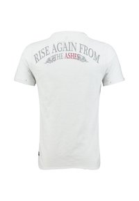 Weißes T-Shirt mit kurzen Ärmeln, bedruckt mit dem Text "Rise Again From The Ashes" und Rosenmotiven auf dem oberen Rücken.