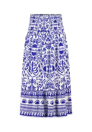 Jupe blanche longueur genou avec motifs floraux et géométriques bleus complexes et taille élastiquée froncée.