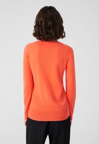 Maglione arancione a maniche lunghe realizzato in morbido tessuto texturizzato con scollo rotondo e orlo a coste. Nessun motivo o accento particolare.