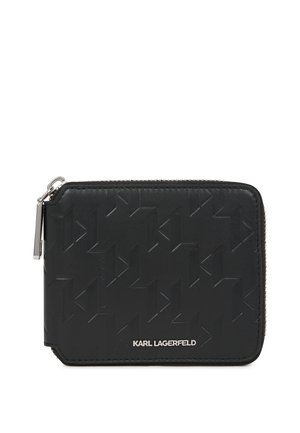 Black leather wallet featuring an embossed geometric pattern, rounded corners, and a silver zipper with a metal pull tab. Brand name embossed on front.