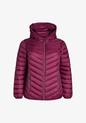 Giacca con cappuccio trapuntata da donna di color bordeaux con zip frontale e tasche laterali con zip, progettata per il freddo.