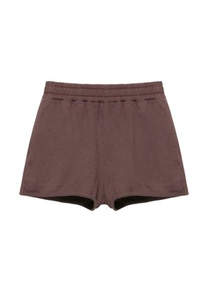 Hnedé elastické nohavice s elastickým pásom, voľným strihom a bez viditeľných vzorov či ozdôb.