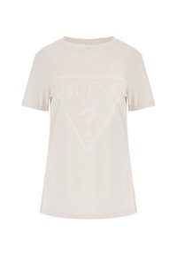 T-shirt a maniche corte di colore crema con un logo "GUESS" tonale all'interno di una forma triangolare. Tessuto morbido e liscio con una vestibilità comoda.