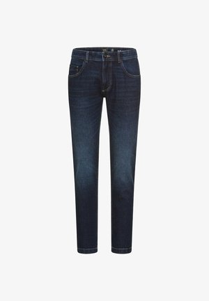 Ciemnoniebieskie dżinsy o prostym kroju, z pięcioma kieszeniami, zapięciem na guzik i zamek błyskawiczny oraz subtelnym wyblaknięciem na udach. Gładka faktura.