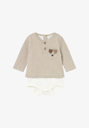 Body para bebé de manga larga a rayas beige y blancas con dos botones delanteros y una pequeña aplicación de cara de perro en el bolsillo del pecho.