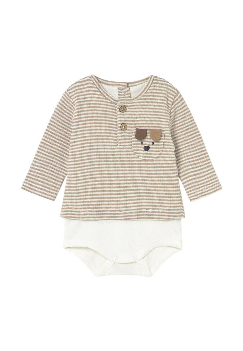 Body para bebé de manga larga a rayas beige y blancas con dos botones delanteros y una pequeña aplicación de cara de perro en el bolsillo del pecho.