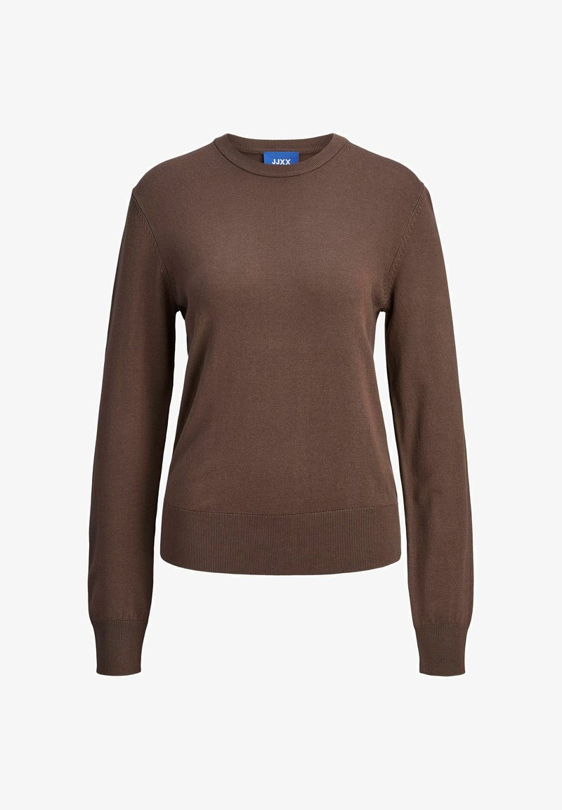 Maglione marrone lavorato a maglia con scollatura rotonda, maniche lunghe e polsini e orlo a costine. Il tessuto è liscio con una texture uniforme.