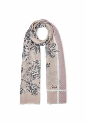 Jasnoróżowy szal z czarnymi kwiatowymi wzorami i ukośnymi lawendowymi paskami, z małym detalem sygnatury na dolnej krawędzi.