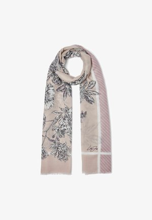 Light pink scarf with black floral prints and diagonal lavender stripes, featuring a small signature detail at the bottom edge.