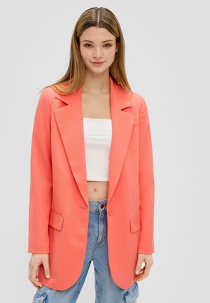 Blazer corail à la coupe décontractée, avec revers crantés, deux poches avant et une fermeture à un bouton, fabriqué à partir d'un tissu lisse.