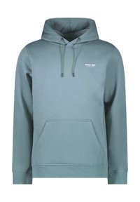 Hoody in zacht, lichtblauwe stof. Heeft een voorzak, ribbelboorden en trekkoorden. Tekst "SINCE 1982" gedrukt in het wit.