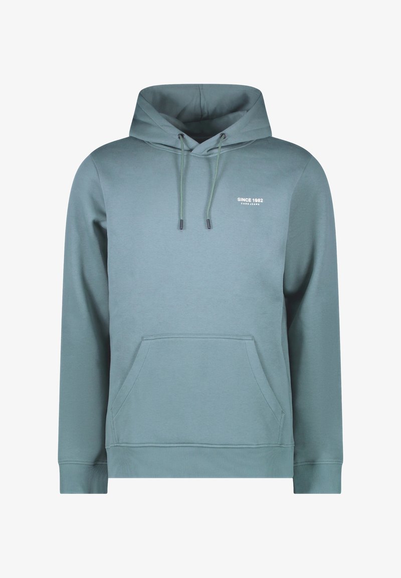 Hoody in zacht, lichtblauwe stof. Heeft een voorzak, ribbelboorden en trekkoorden. Tekst "SINCE 1982" gedrukt in het wit.