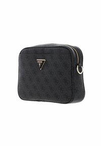 Black textured fabric cosmetic bag with a zip closure, featuring a gold triangular logo accent on the front and a sleek, rectangular design.