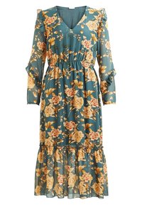 Abito midi floreale in chiffon teal con scollatura a V, vita elastica, lunghe maniche a volant e orlo a strati. Presenta motivi floreali gialli e rossi.