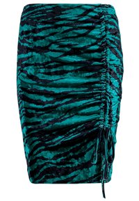 Rynkad teal minikjol med svart tigerrandmönster, tillverkad av mjukt material, med sidoknytningar för justerbar passform och en slät yta.