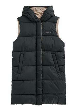Gilet nero imbottito senza maniche con cappuccio, tasche frontali e interno beige, caratterizzato da un piccolo logo "Polo Club" sul petto.