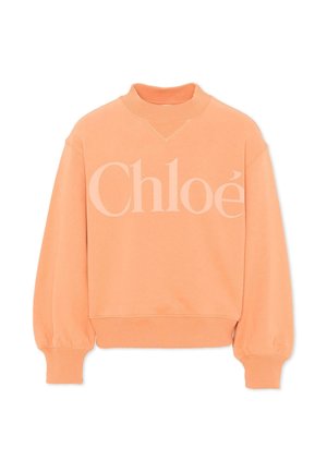 Felpa color pesca con collo, polsini e orlo a coste, con grande logo "Chloé" rosa chiaro sul petto.