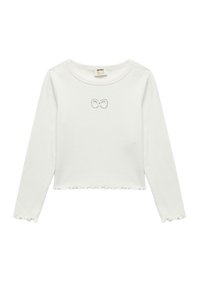 Witte lange mouwen crop top met een gerimpelde zoom, voorzien van een klein strikontwerp in rhinestones op de borst. Zacht katoen materiaal.