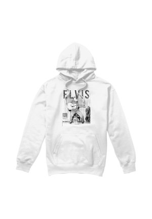 Weißer Hoodie mit einem schwarz-weißen Foto eines Mannes, der Gitarre spielt, und dem Text "ELVIS" über dem Bild auf der Vorderseite.