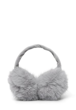 Cuffie in pelliccia sintetica grigia con una texture morbida e forma arrotondata, dotate di un archetto rivestito in tessuto per il massimo comfort.