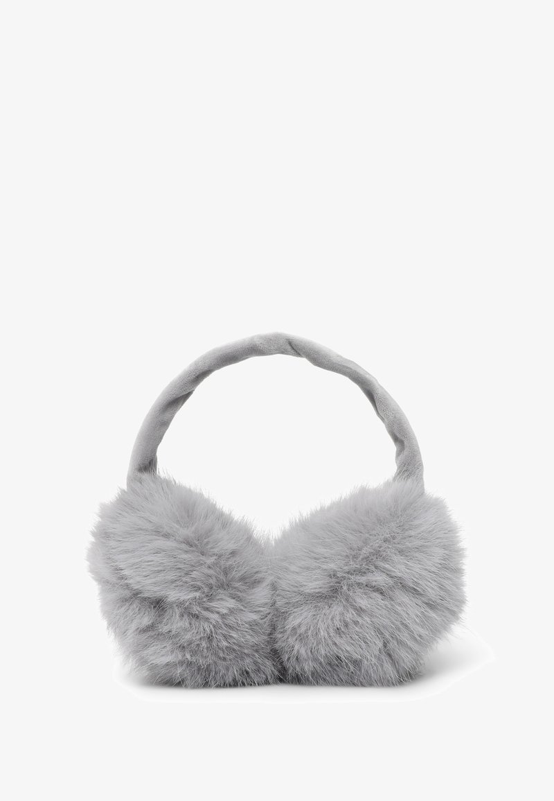 Cuffie in pelliccia sintetica grigia con una texture morbida e forma arrotondata, dotate di un archetto rivestito in tessuto per il massimo comfort.