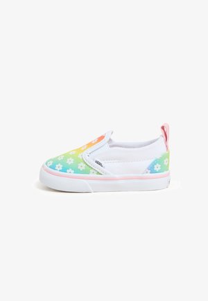 Zapatillas sin cordones con un estampado floral colorido en tonos pastel, parte superior de lona blanca, detalle rosa en el talón y suela de goma blanca.